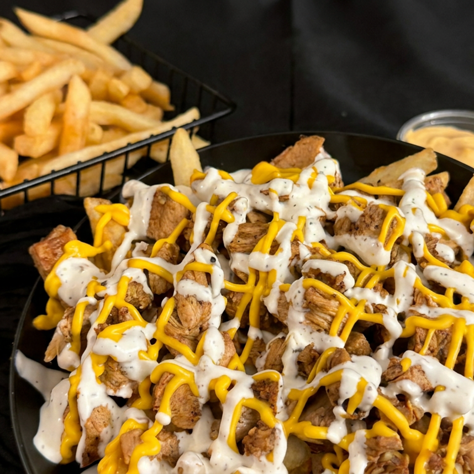 Loaded fries topped with grilled chicken, yellow cheese, white sauce, and dipping cups, with plain fries in a basket behind.