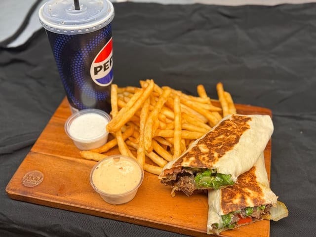 Steak wrap w/ fries & Drink.