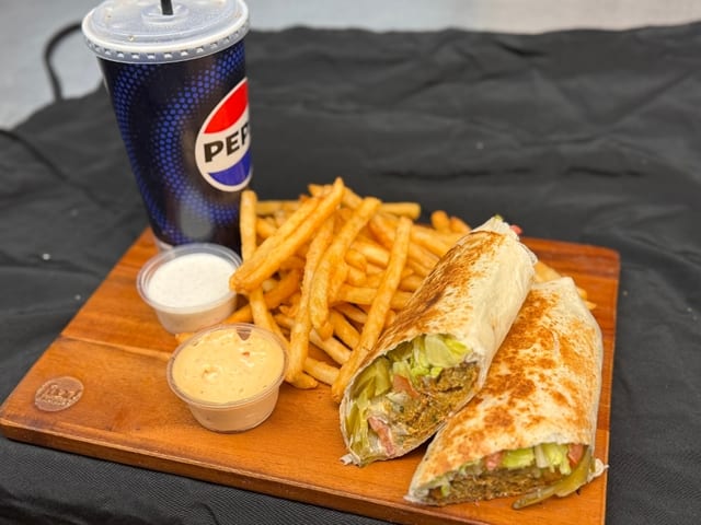 Falafel Wrap w/ fries & Drink.