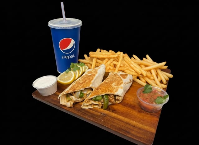 Fajita Wrap w/ fries & Drink.
